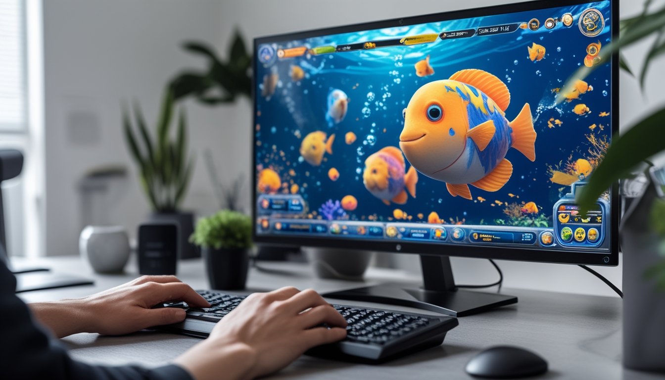 Seseorang bermain permainan tembak ikan online di komputer dengan layar menampilkan ikan berwarna-warni di lingkungan bawah laut.