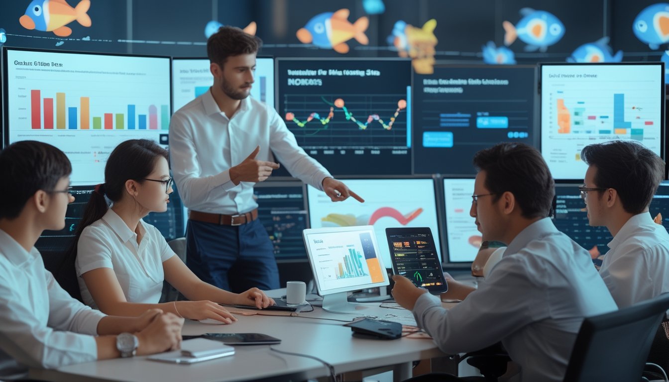 Sekelompok profesional muda sedang menganalisis data di komputer dalam ruang kantor modern yang terang.