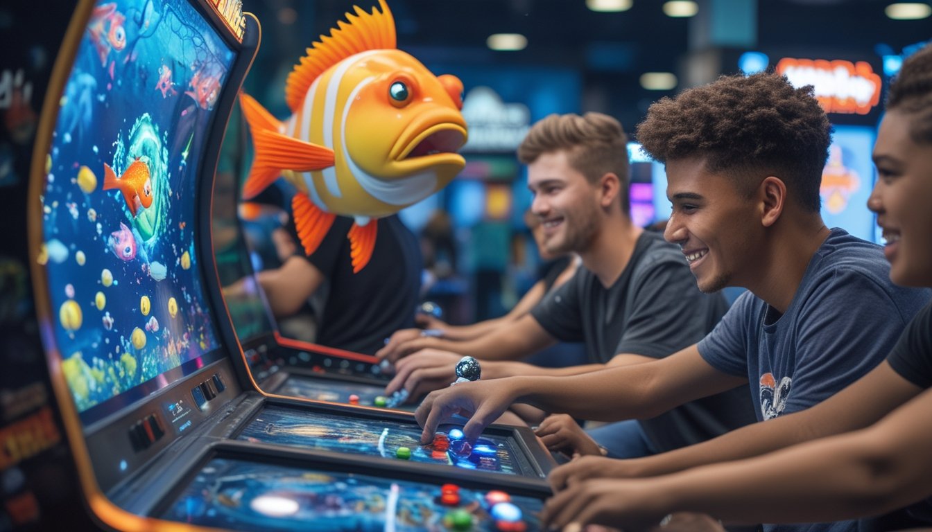 Sekelompok orang muda bermain permainan tembak ikan multiplayer bersama di pusat permainan, fokus bekerja sama menjatuhkan bos besar di layar.