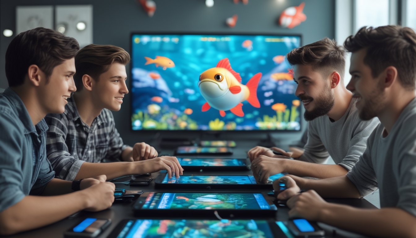 Sekelompok empat orang muda sedang bekerja sama bermain game multiplayer di sekitar meja dengan perangkat digital di ruangan modern.