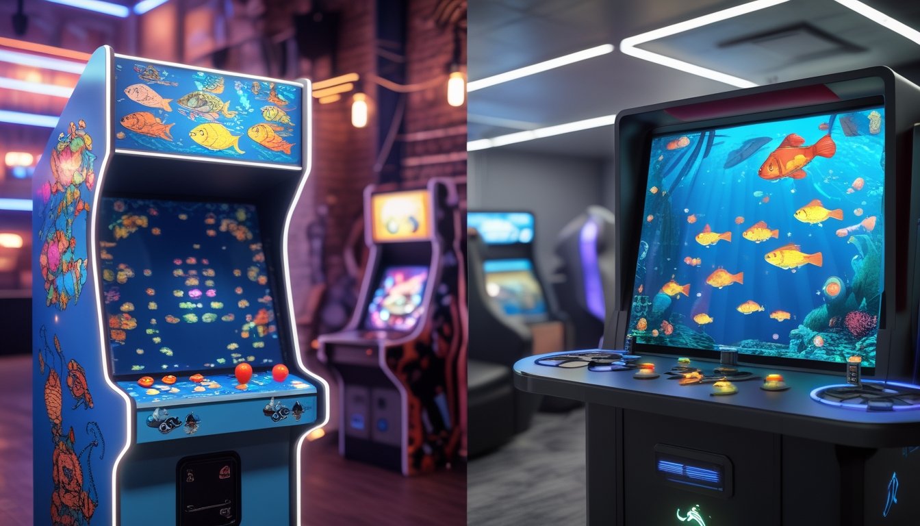 Perbandingan dua mesin arcade tembak ikan, satu klasik dengan desain retro dan satu modern dengan layar sentuh dan animasi 3D, ditempatkan berdampingan dalam ruangan berbeda.