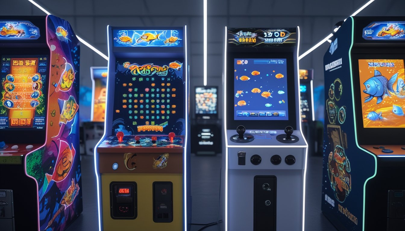 Dua mesin permainan tembak ikan arcade berdampingan, satu klasik dengan desain retro dan satu modern dengan layar sentuh dan animasi 3D, di dalam ruangan arcade.
