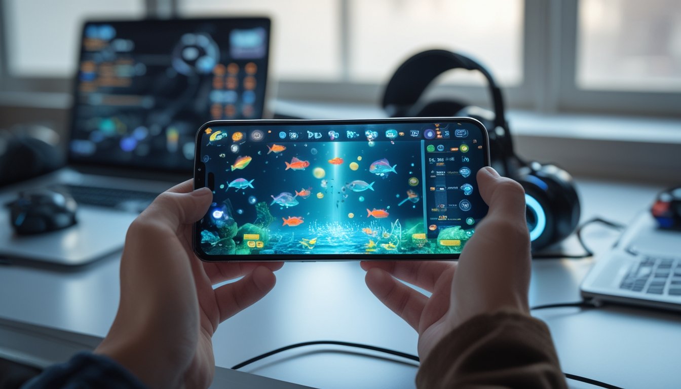 Seseorang memegang smartphone yang menampilkan permainan tembak ikan dengan latar meja kerja modern dan perangkat gaming.