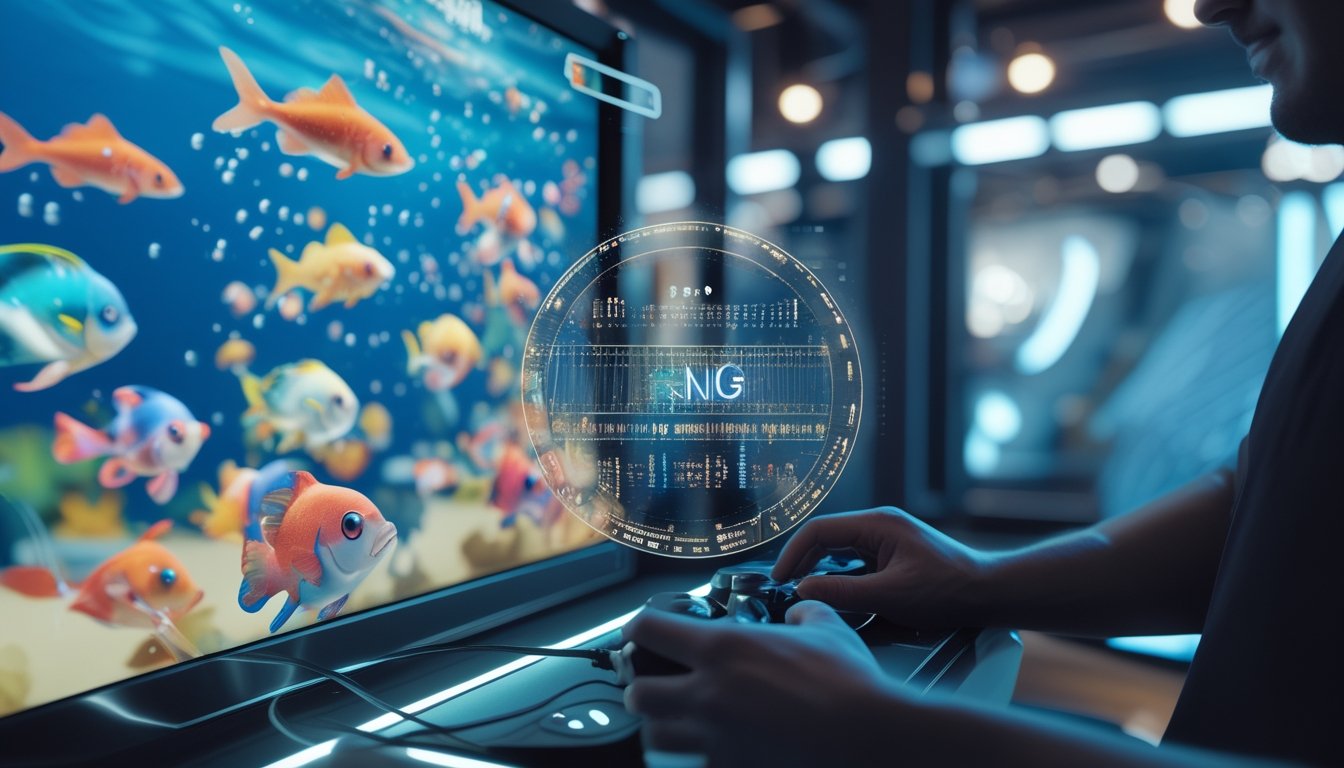 Seorang pemain sedang bermain game tembak ikan dengan layar berwarna-warni yang menampilkan berbagai ikan dan elemen bawah laut.