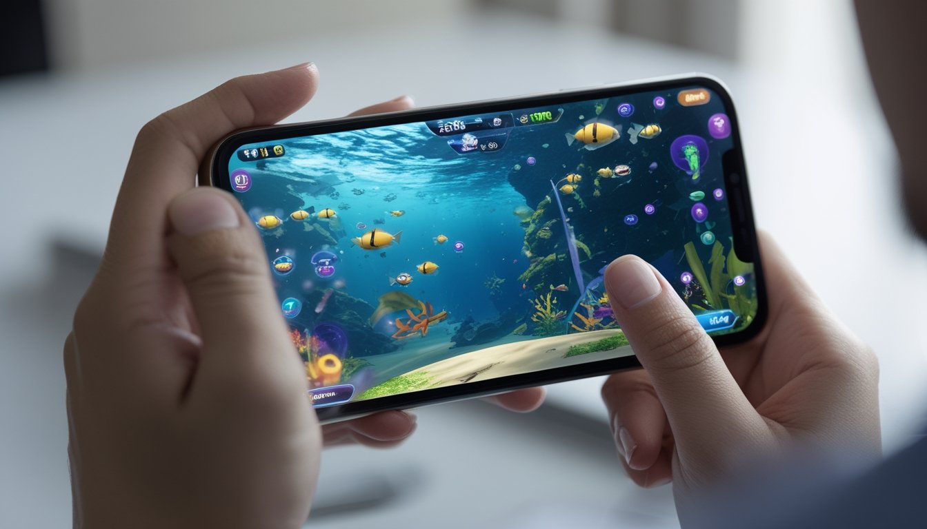 Seseorang memegang ponsel dengan layar menampilkan permainan menembak ikan berwarna-warni.
