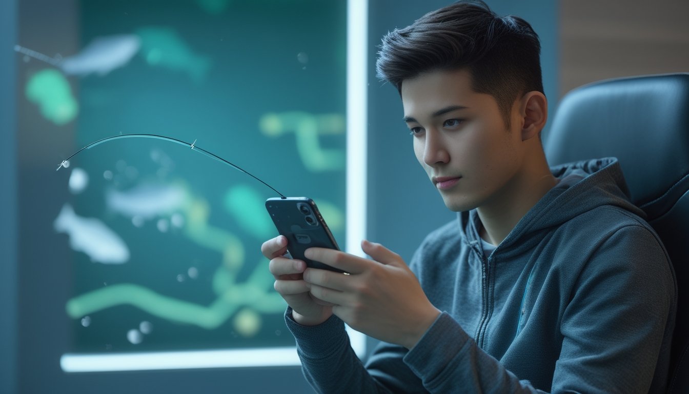 Seorang pria muda fokus bermain game menembak ikan di ponsel di ruangan dengan pencahayaan biru dan hijau.