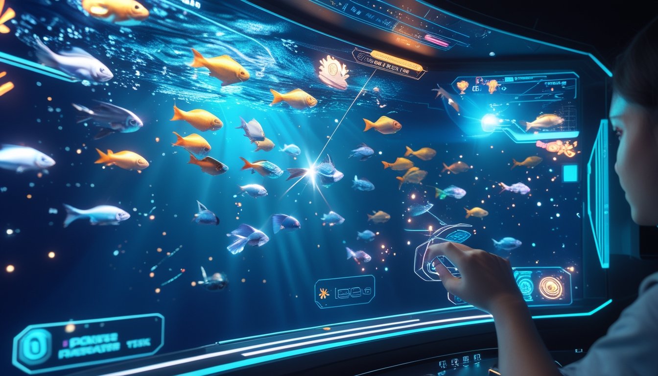 Tampilan permainan tembak ikan dengan ikan berwarna-warni dan ikon item khusus serta skill power-up, tangan pemain sedang menyentuh layar sentuh untuk menembak ikan.