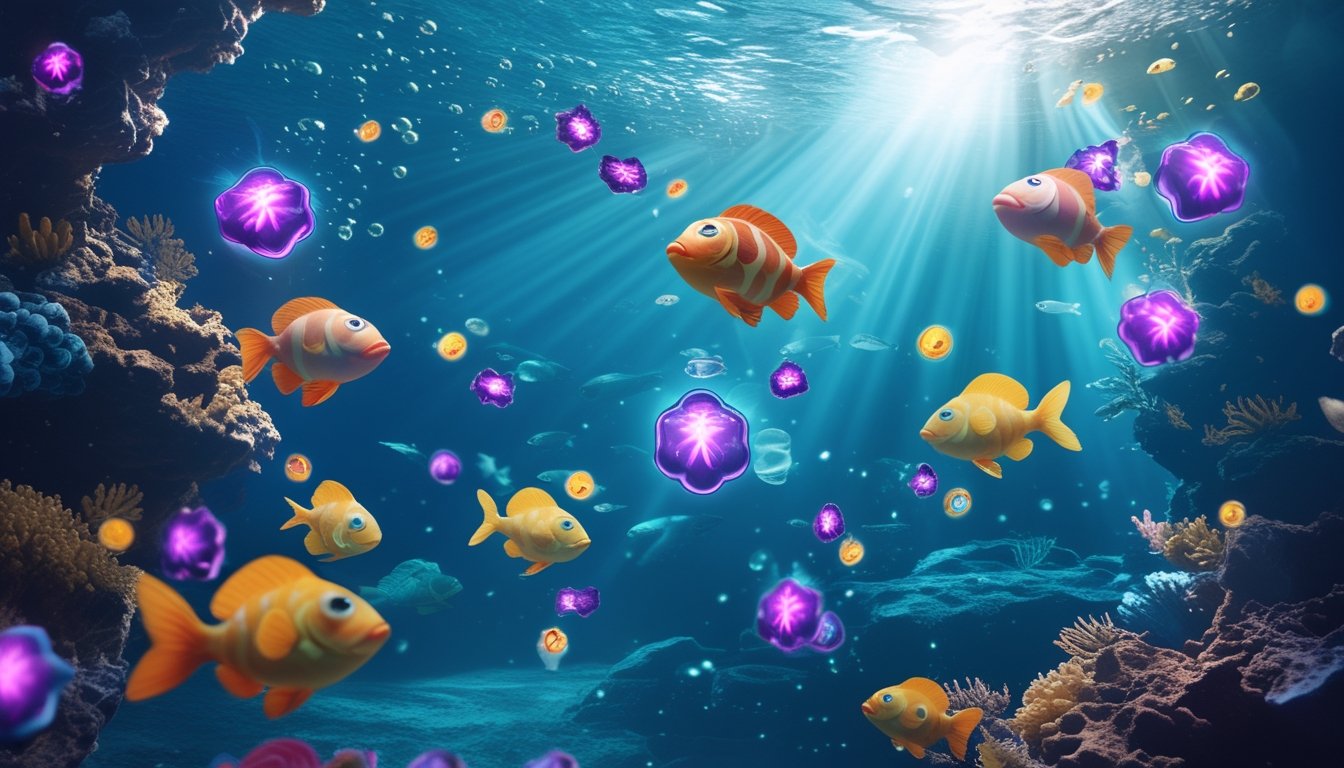 Adegan bawah laut dengan berbagai ikan berwarna-warni dan ikon item khusus yang bersinar di dalam permainan tembak ikan.