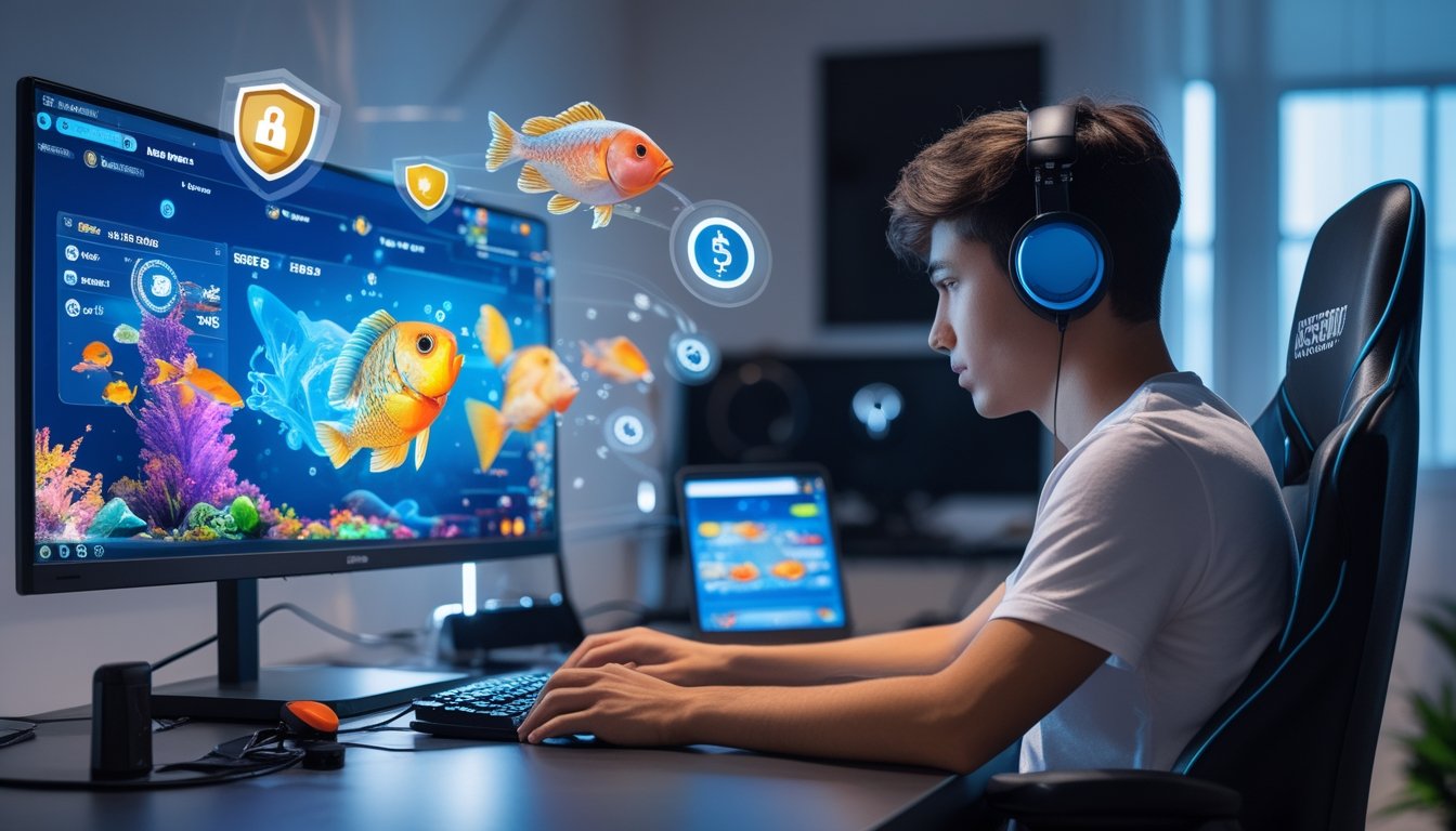 Seorang gamer muda duduk di depan komputer dengan layar menampilkan permainan tembak ikan dan ikon keamanan digital di sekitarnya.