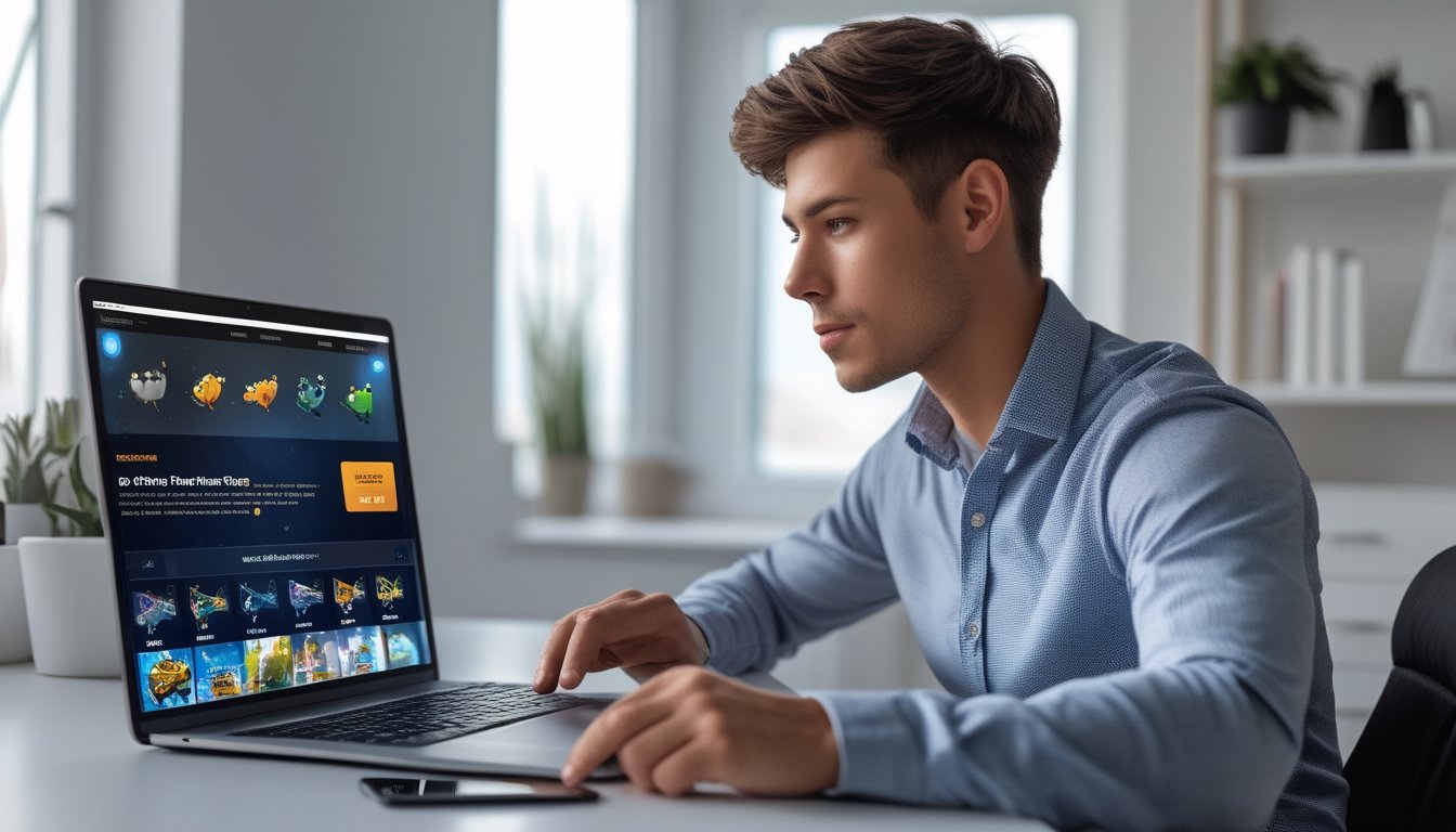 Seorang pria muda duduk di meja dengan laptop dan smartphone, fokus melakukan transaksi online yang aman di ruang kerja yang rapi.