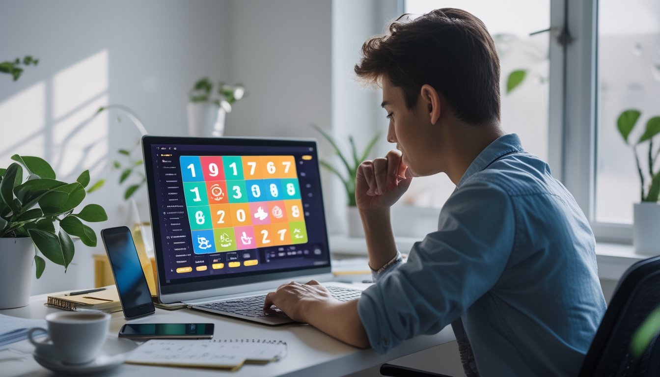 Seorang dewasa muda duduk di meja kerja modern dengan laptop, mencatat sambil fokus pada layar komputer di ruangan yang terang dan rapi.