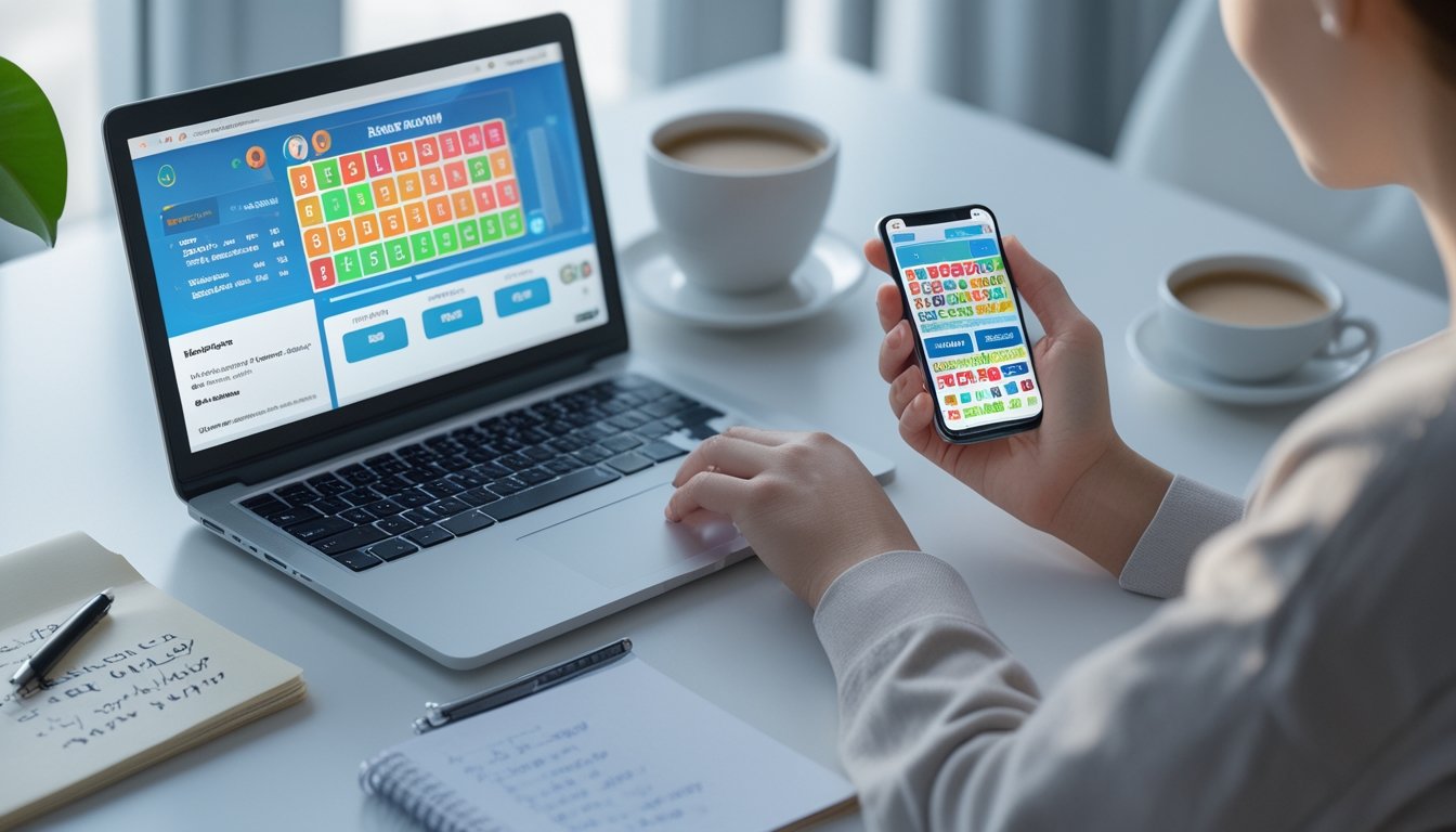 Meja kerja dengan laptop dan smartphone yang menampilkan antarmuka permainan togel online 4D, dengan tangan seseorang yang sedang berinteraksi dengan perangkat tersebut.