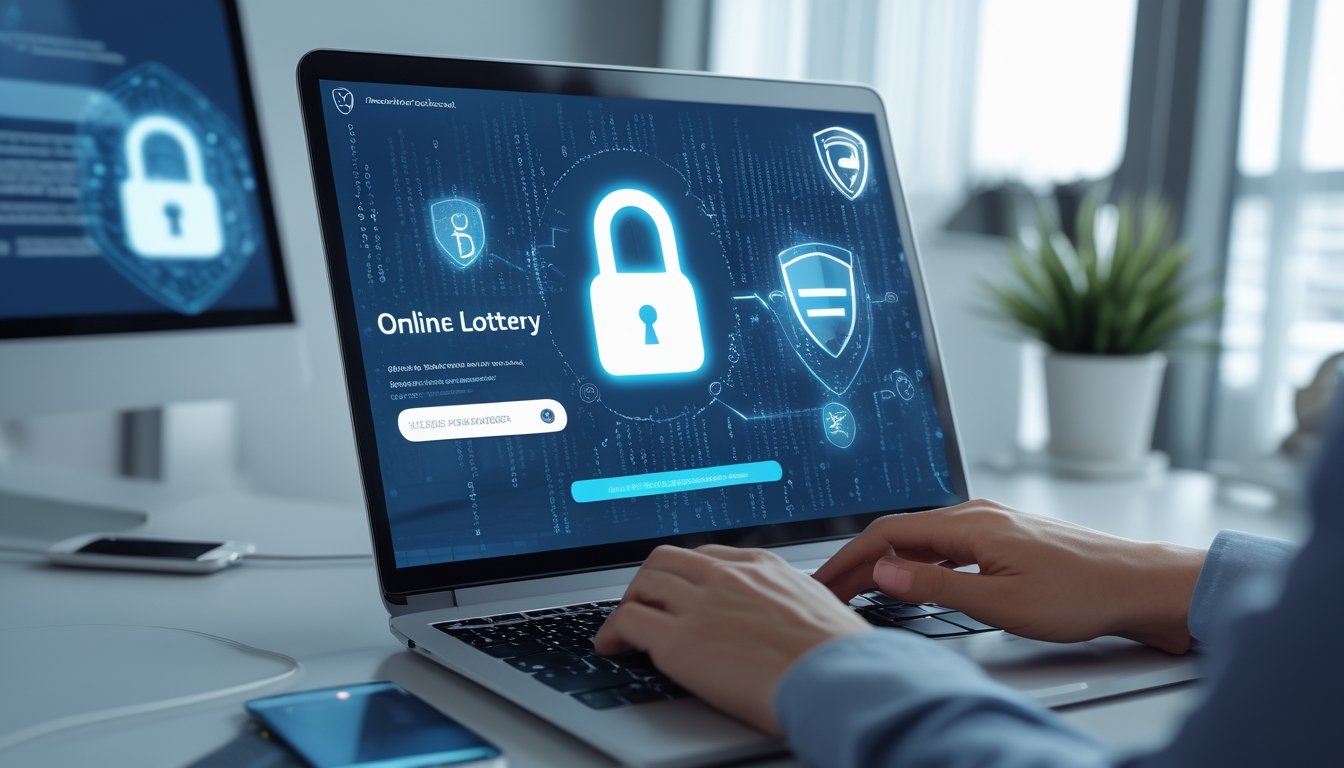 Seseorang mengetik di laptop dengan latar belakang elemen keamanan digital seperti gembok dan kode biner yang mengambang.