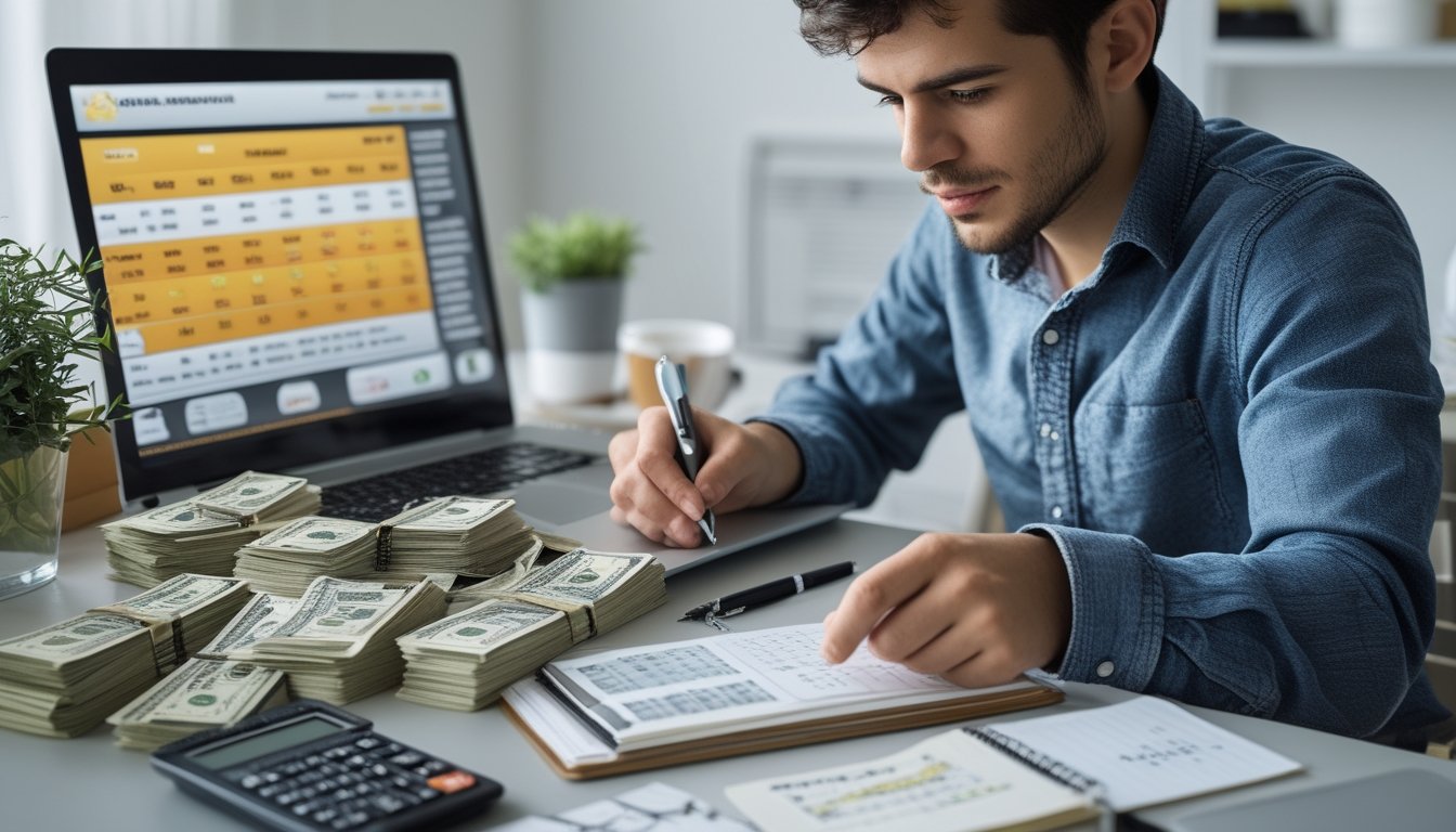 Seorang dewasa muda duduk di meja dengan laptop, tumpukan uang, kalkulator, dan buku catatan, sedang merencanakan pengelolaan modal bermain togel online.