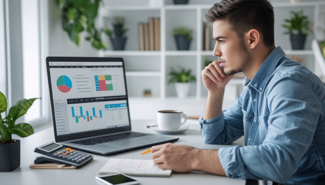 Seorang pria muda duduk di meja dengan laptop, kalkulator, dan catatan, fokus mengelola modal dalam permainan togel online.