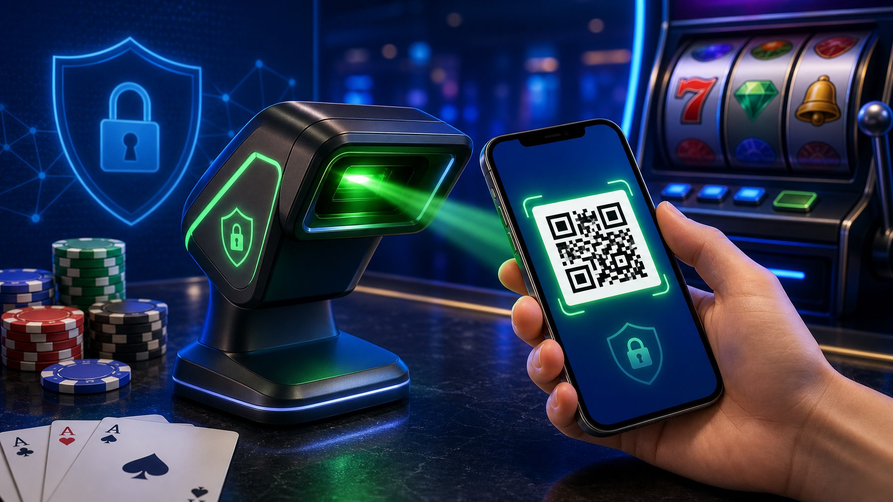 A Hand Holding A Smartphone With A Qr Code Near A Digital Payment Terminal Surrounded By CasinoRelated Items Like Poker Chips And Playing Cards.