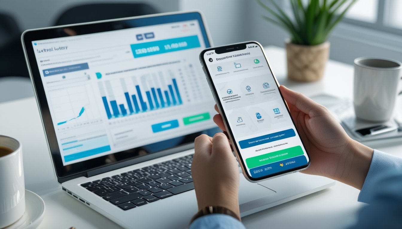 Seseorang sedang menggunakan ponsel untuk melakukan transaksi deposit menggunakan e-wallet di meja kerja dengan laptop terbuka.