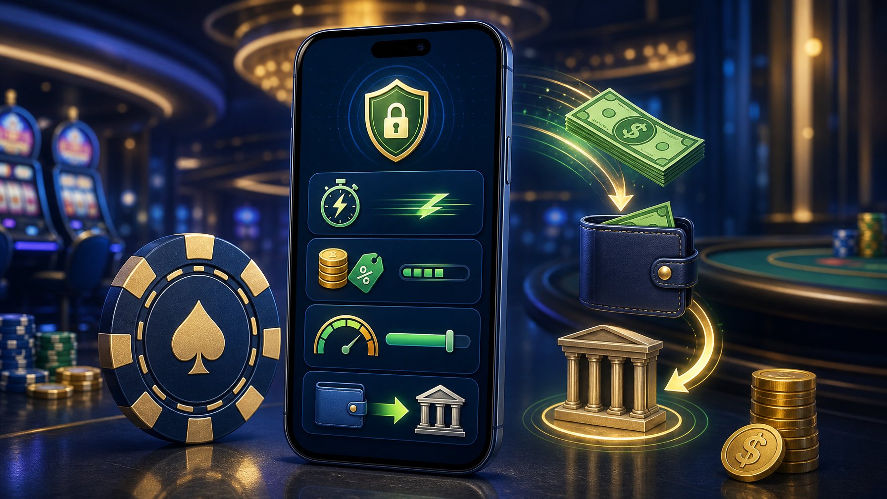 A Modern Casino Setting Showing A Smartphone With Payment App Icons Representing Fast Transactions, Fees, Limits, And Withdrawals Alongside Casino Chips And Money Symbols.