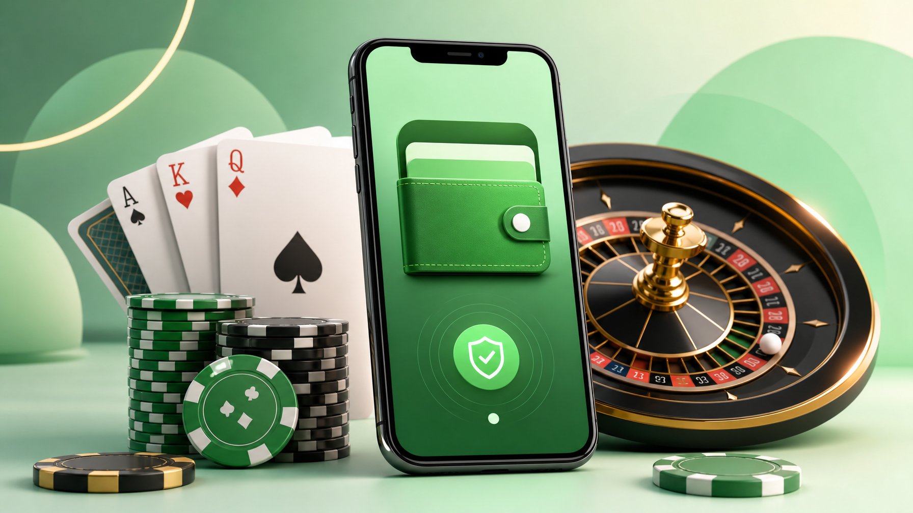 A Smartphone Showing A Digital Wallet Surrounded By Poker Chips, Playing Cards, And A Roulette Wheel, Representing A Casino Payment Method.