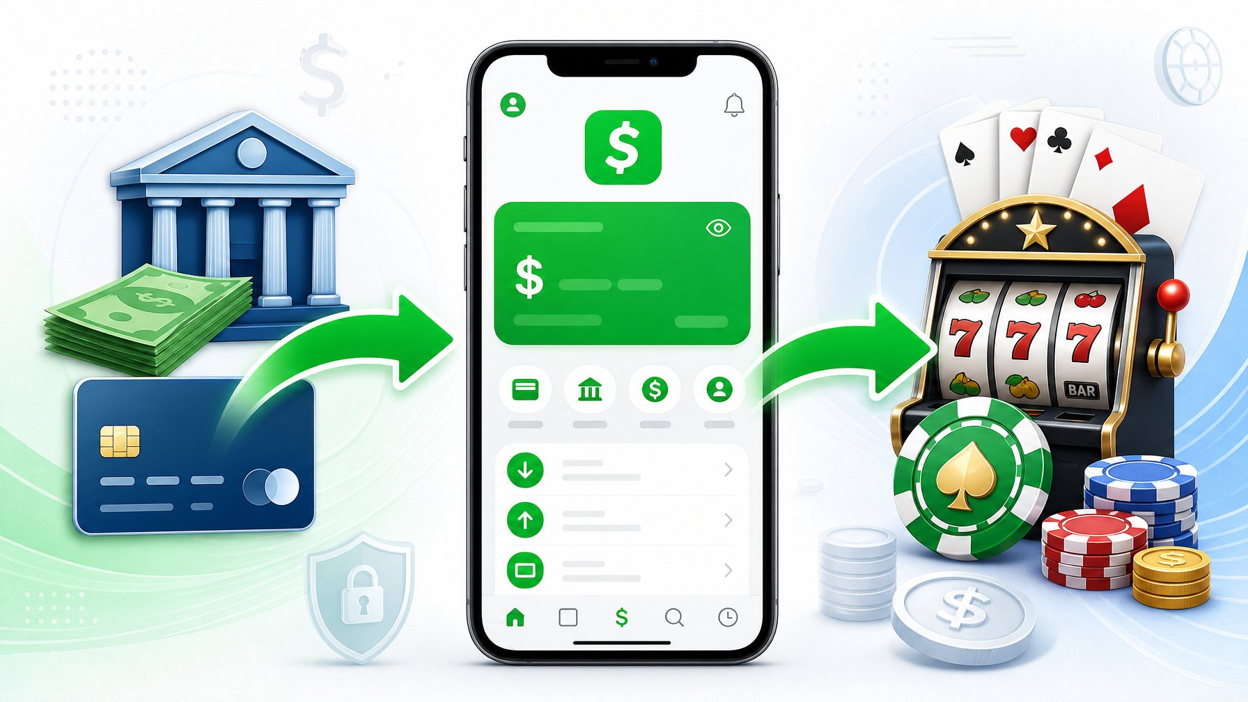 Illustration Showing A Smartphone With A Digital Wallet, Arrows Indicating Money Moving Into The Phone From A Bank Icon And Out To Casino Chips, Representing Deposits And Withdrawals.