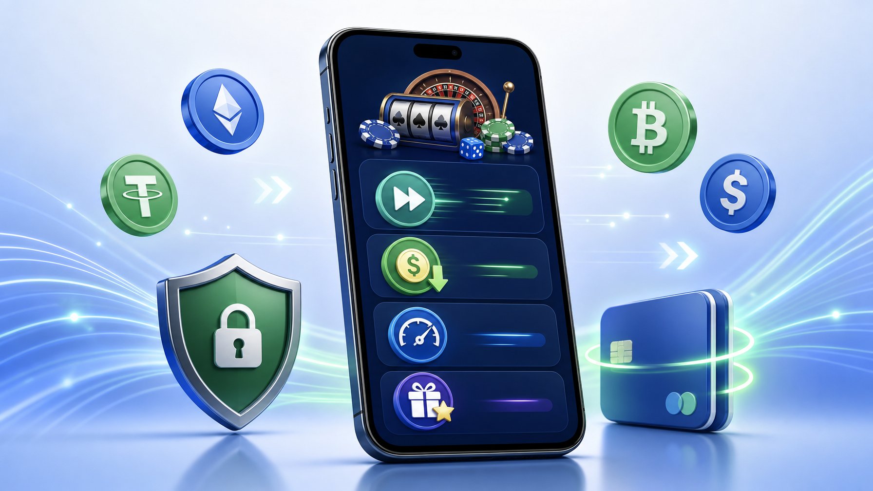 A Smartphone Showing Icons Representing Speed, Fees, Limits, And Bonus Eligibility For A Digital Casino Payment Method.