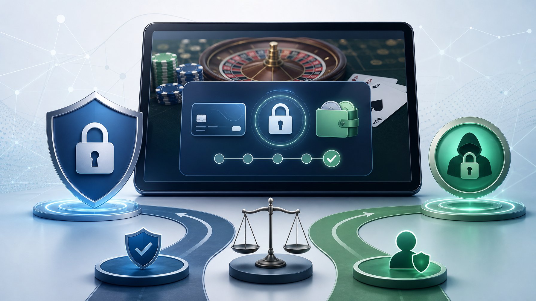 A Digital Device Displaying A Secure Casino Payment Interface With Icons Of A Shield And Lock, Balanced Scales Symbolizing TradeOffs, Set Against A Minimal TechInspired Background.
