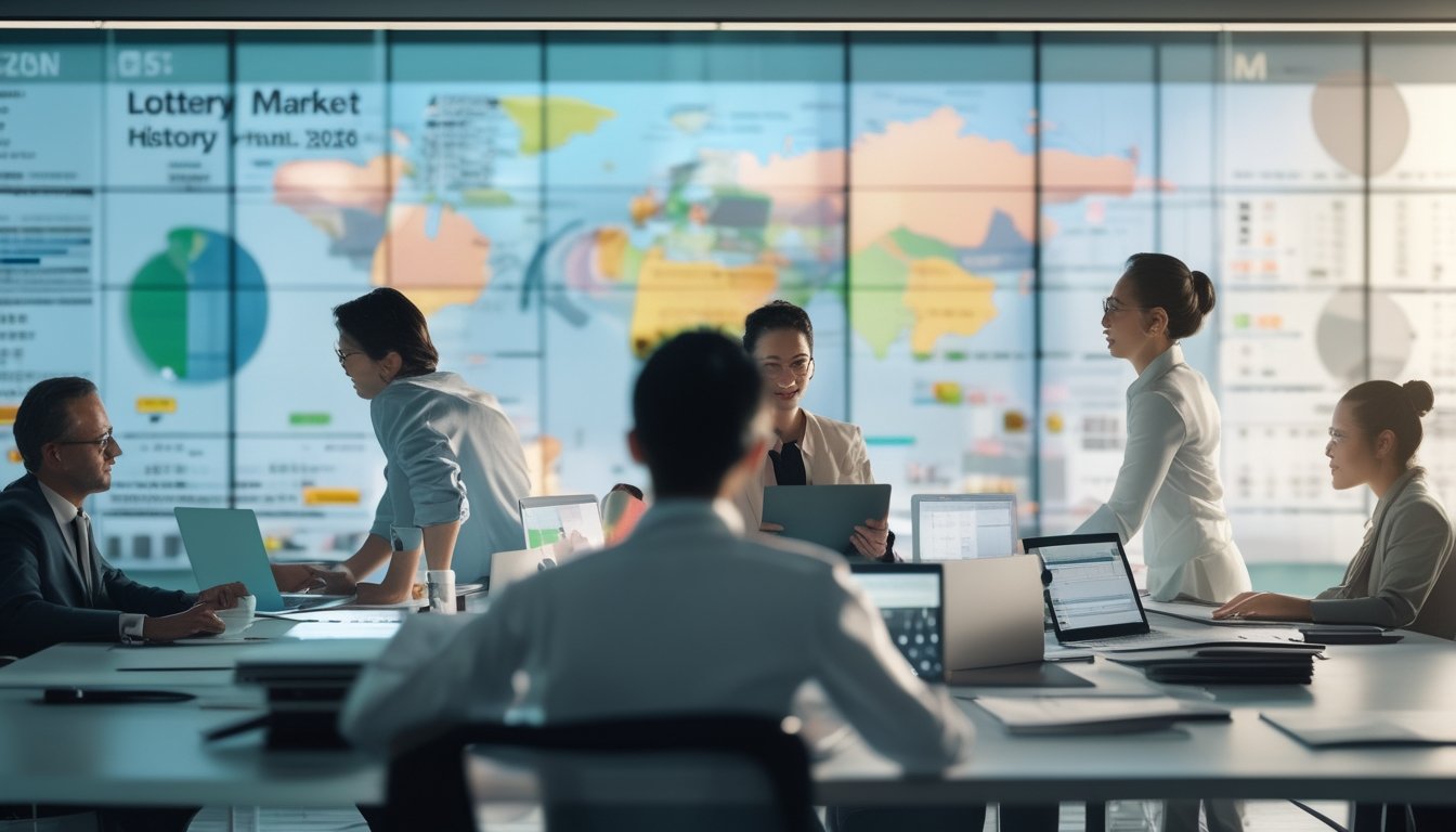 Sekelompok profesional sedang menganalisis data di kantor modern dengan layar digital dan peta dunia di latar belakang.
