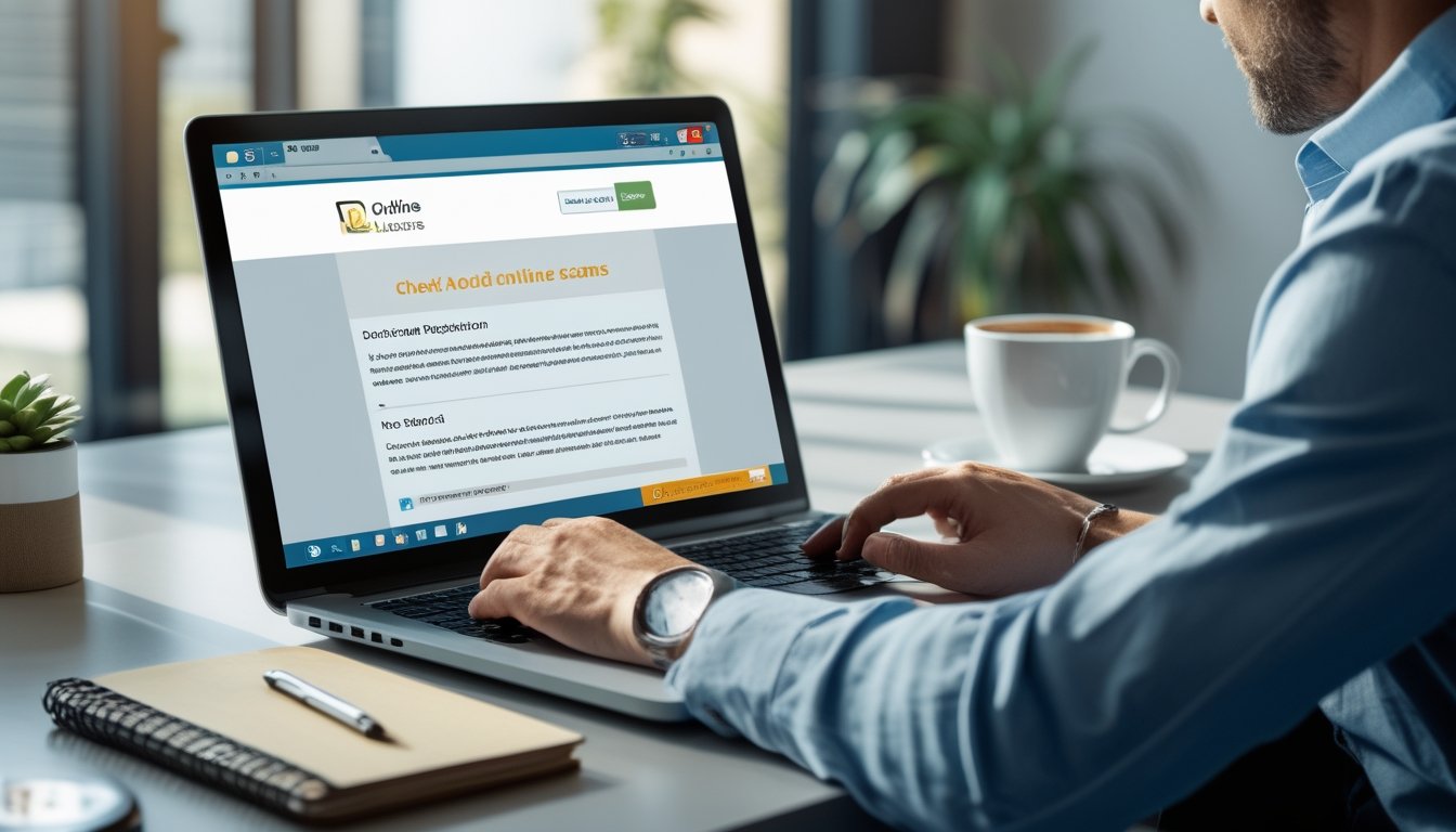 Seseorang sedang duduk di meja modern menggunakan laptop untuk memeriksa reputasi dan lisensi situs secara online.
