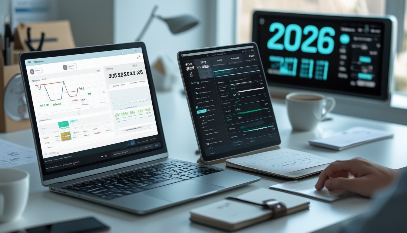 Sebuah ruang kerja modern dengan laptop, tablet, dan ponsel yang menampilkan data dan grafik prediksi angka togel online tahun 2026.