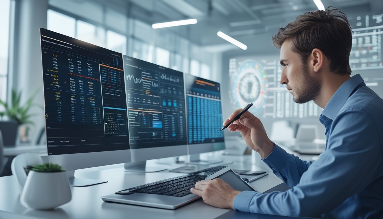 Seorang analis sedang bekerja di depan komputer dengan data angka dan grafik prediksi togel tahun 2026 di sebuah kantor modern.