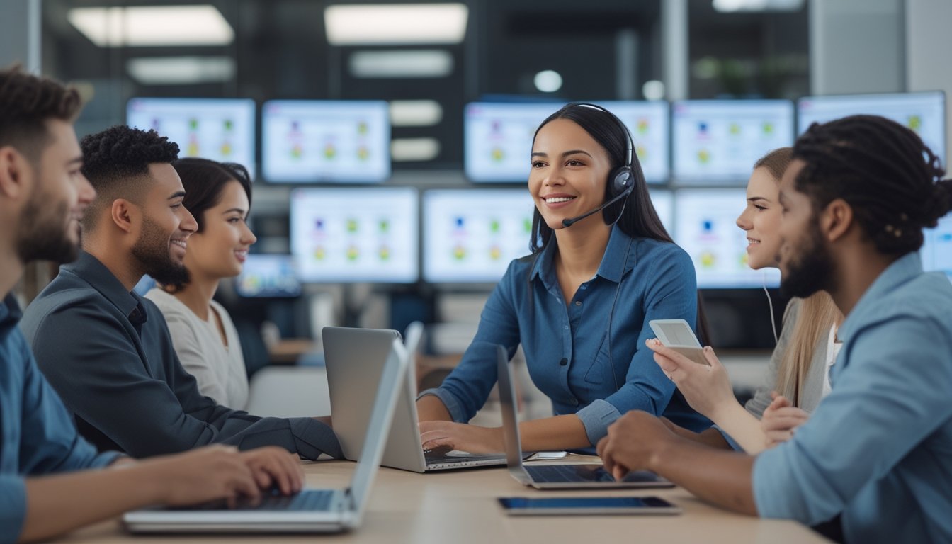 Seorang petugas layanan pelanggan yang mengenakan headset sedang membantu pelanggan melalui perangkat digital di kantor modern.