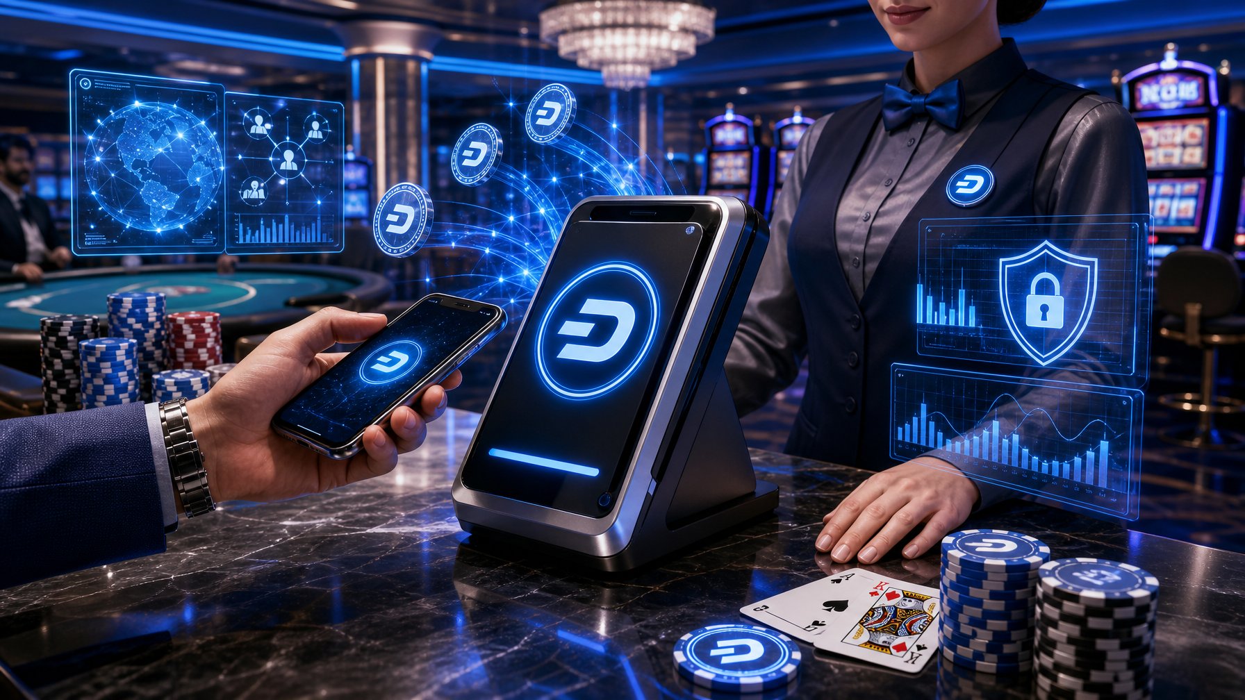 A Casino Payment Counter With A Digital Terminal Showing A Glowing Dash Coin Symbol, Surrounded By Poker Chips, Playing Cards, And Digital Currency Icons.