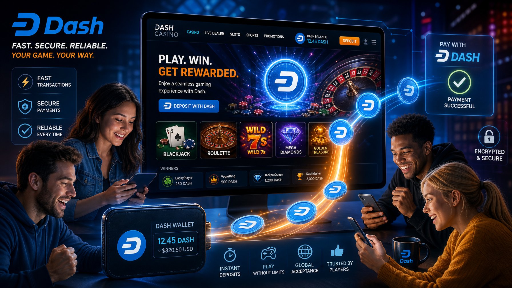 Players Using A Digital Device To Make Secure Payments With Dash Cryptocurrency In An Online Casino Environment.