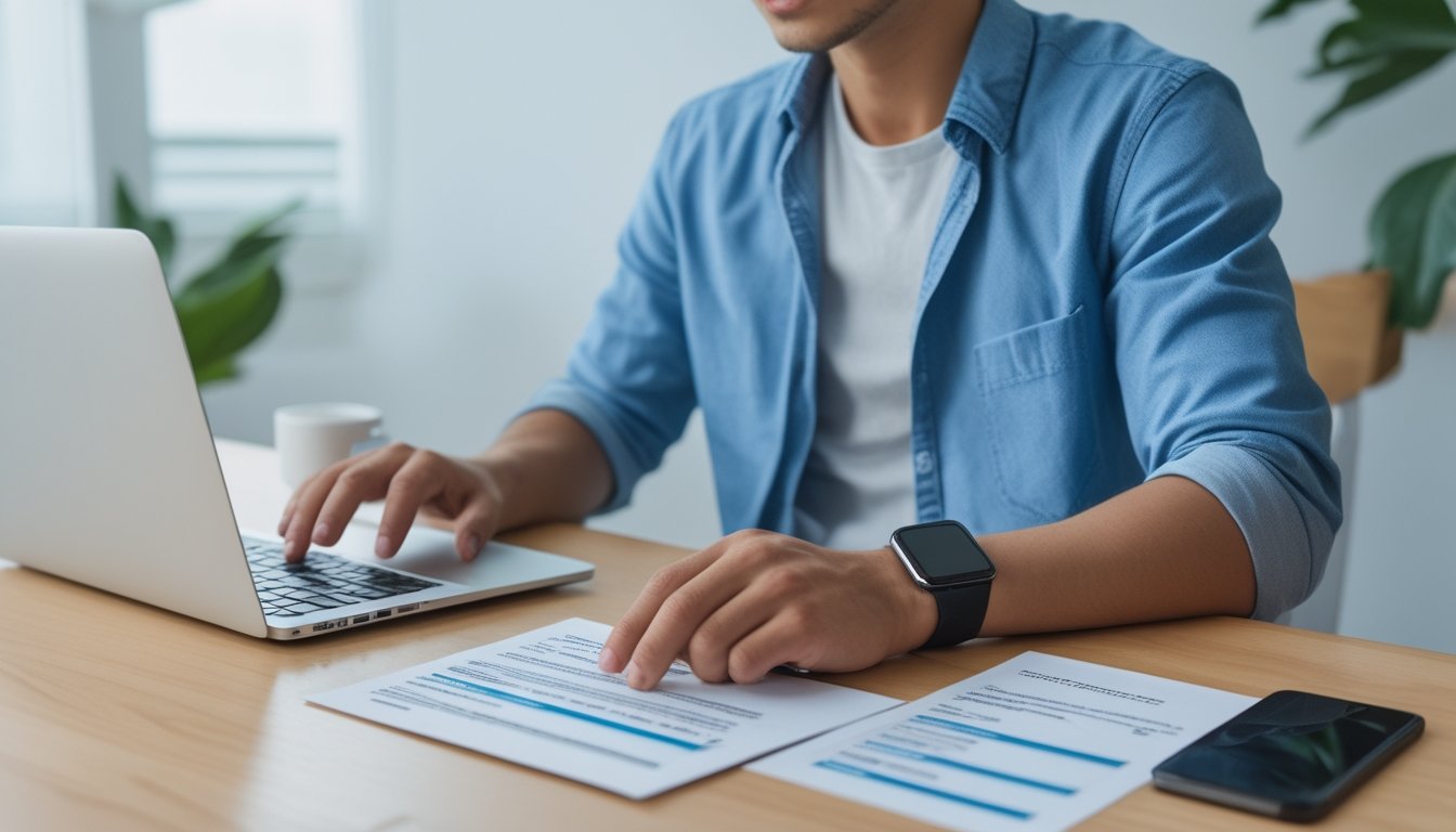 Seseorang sedang menyiapkan dokumen dan menggunakan laptop untuk membuat akun online dengan fokus dan tenang.