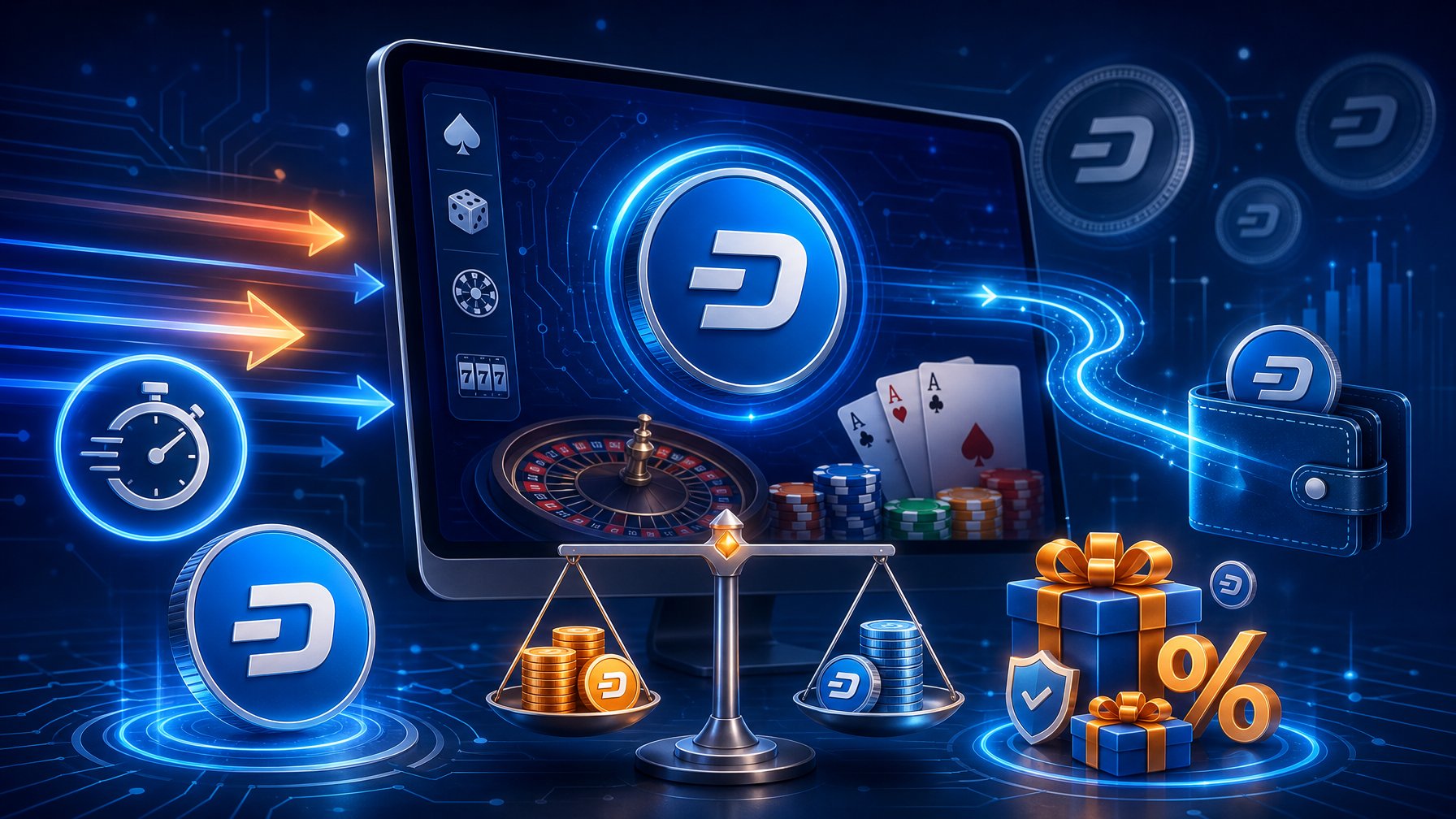 A Digital Casino Interface Showing The Dash Cryptocurrency Logo With Symbols Representing Fast Transactions, Fees, Limits, And Bonuses.