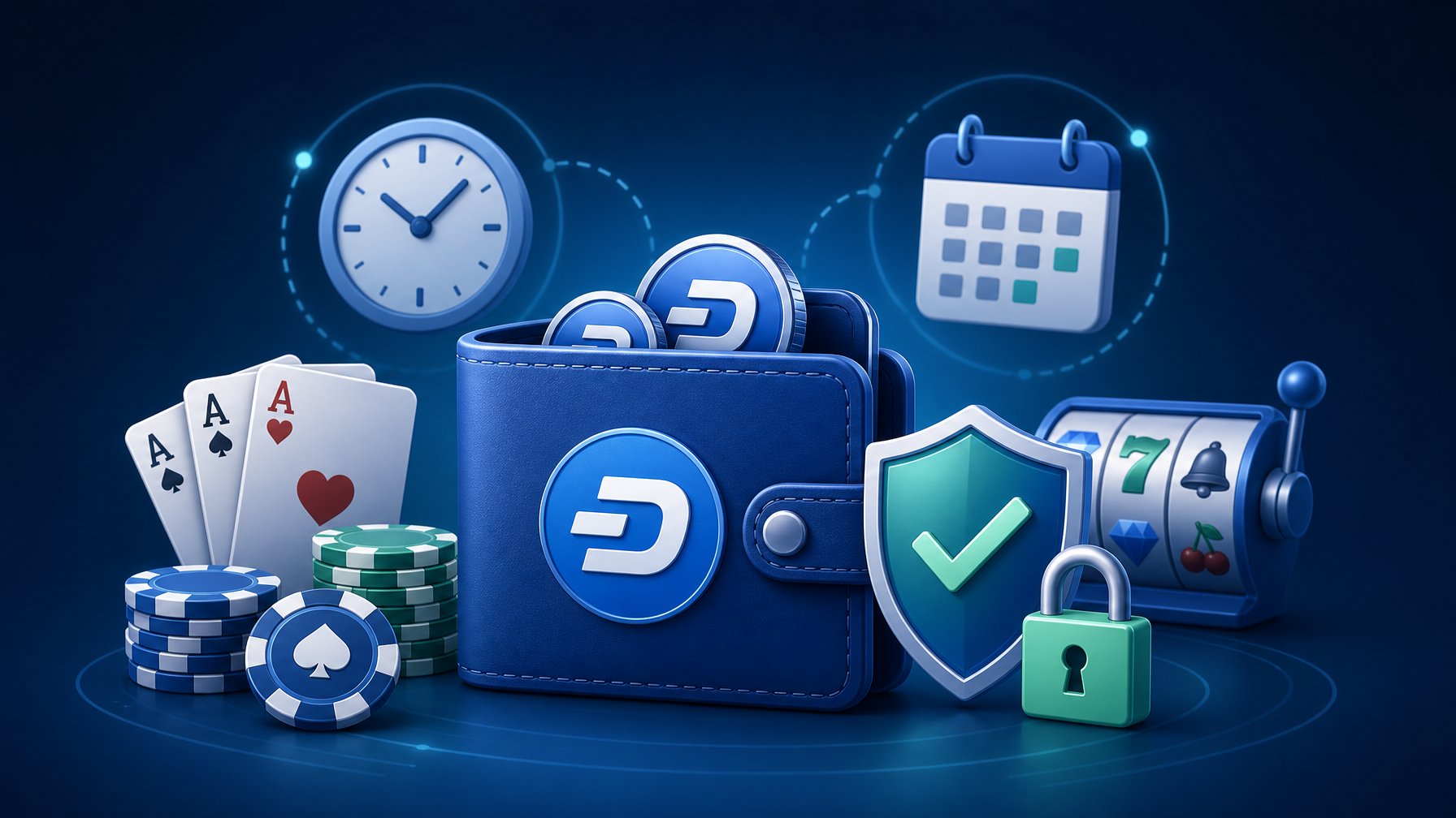 A Secure Digital Wallet Surrounded By Casino Elements Like Poker Chips And Cards, With Symbols Of Safety Such As A Shield And Lock, And A Clock Representing Availability.