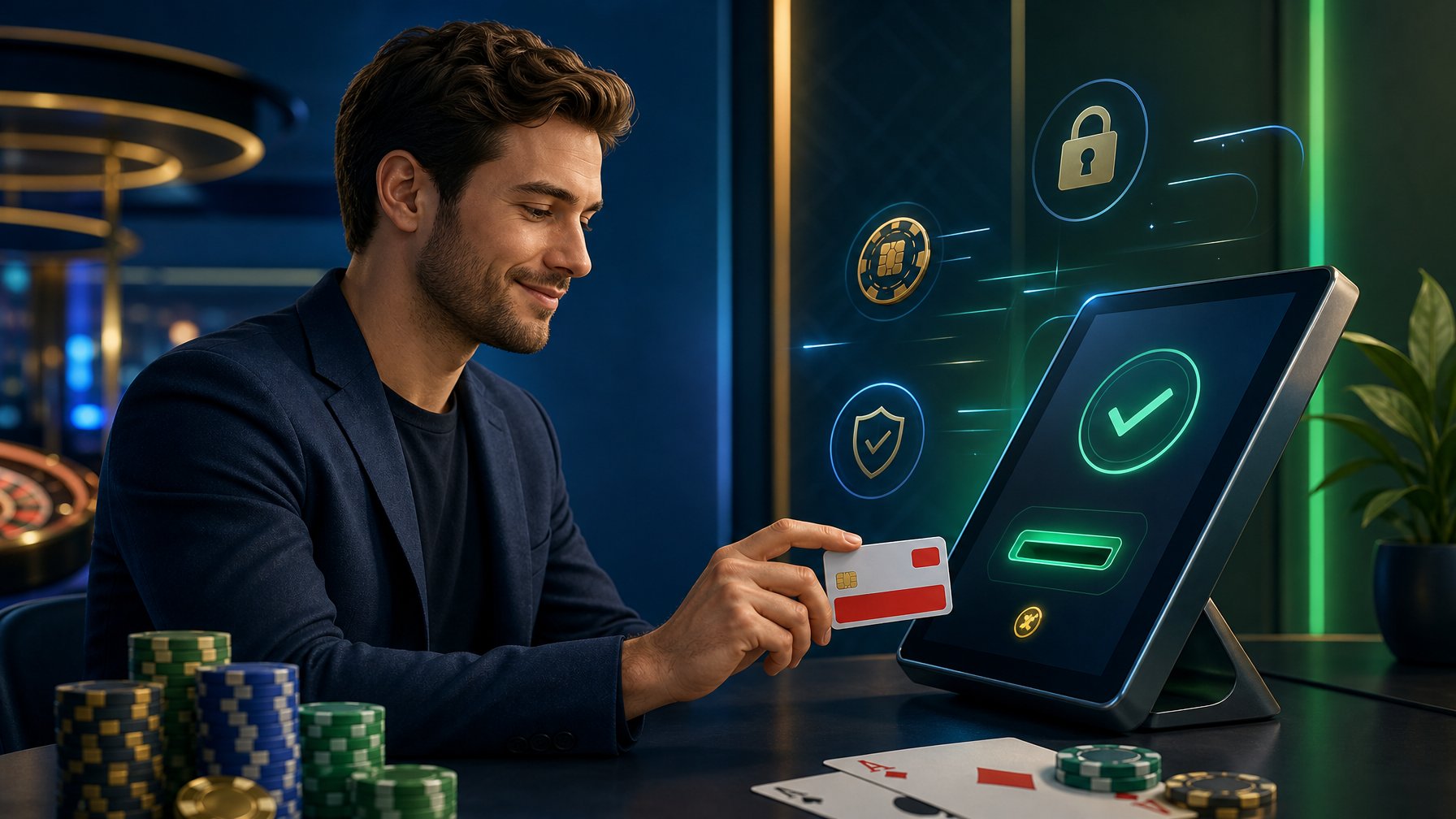A Person Using A Dankort Card To Make A Payment In A Casino Setting With Chips And Cards Nearby.