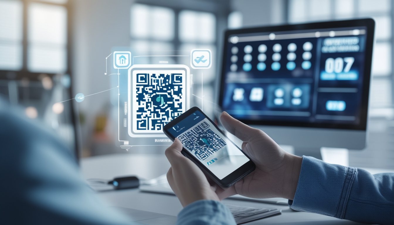 Seseorang sedang menggunakan ponsel untuk memindai kode QR dengan latar belakang elemen yang menunjukkan pembayaran deposit togel online.