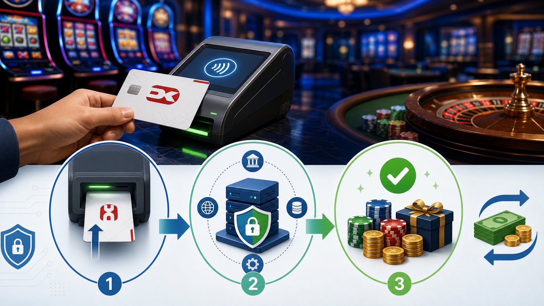 A Person Using A Dankort Card At A Payment Terminal In A Casino Setting With Slot Machines And Roulette Table In The Background, Showing The Steps Of A Casino Transaction.