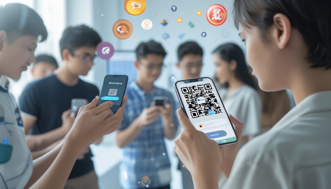 Orang-orang muda menggunakan ponsel untuk memindai kode QR dalam suasana modern yang cerah dan bersih.
