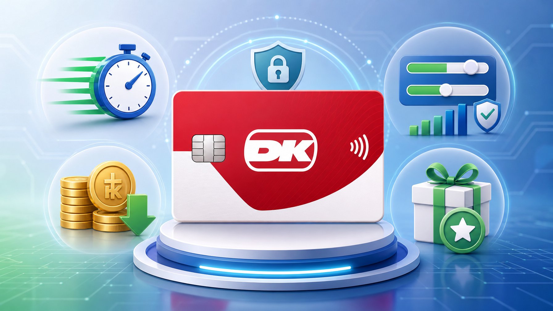 A Digital Interface Showing A Dankort Card Surrounded By Icons Representing Fast Payments, Fees, Transaction Limits, And Bonus Eligibility.