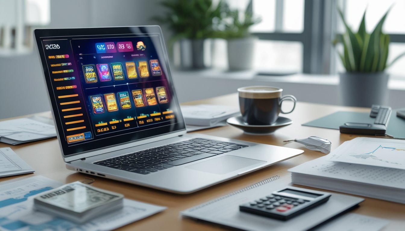 Seorang pria duduk di depan laptop dengan grafik permainan slot dan dokumen keuangan di meja, di ruang kantor yang terang dan rapi.