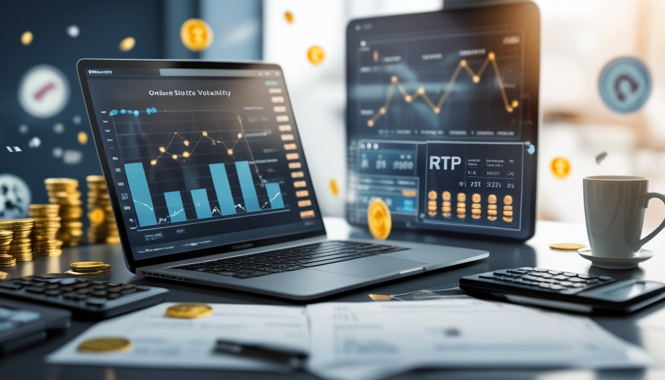Meja kerja dengan laptop yang menampilkan grafik RTP dan volatilitas slot online, dokumen keuangan, kalkulator, dan cangkir kopi.