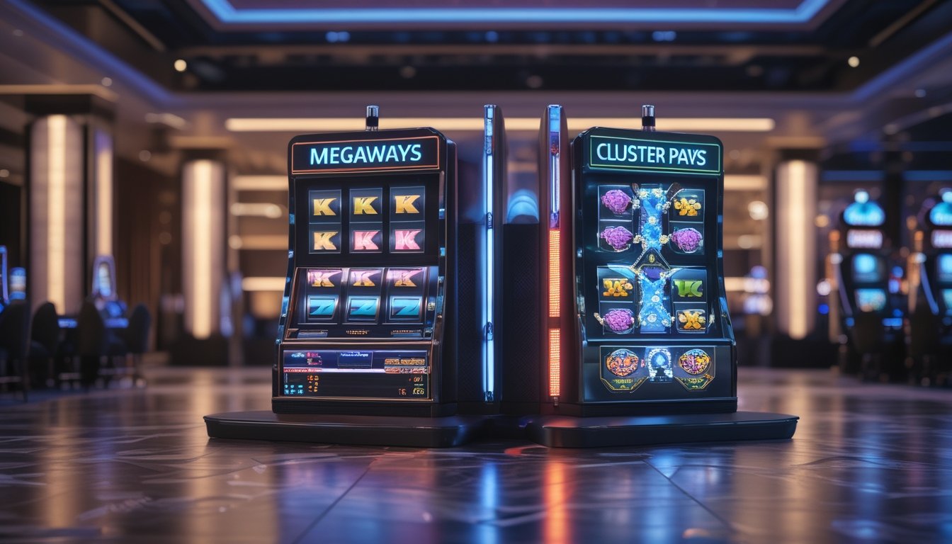 Dua mesin slot modern berdampingan di lantai kasino dengan simbol yang berbeda, menunjukkan perbandingan mekanik permainan.