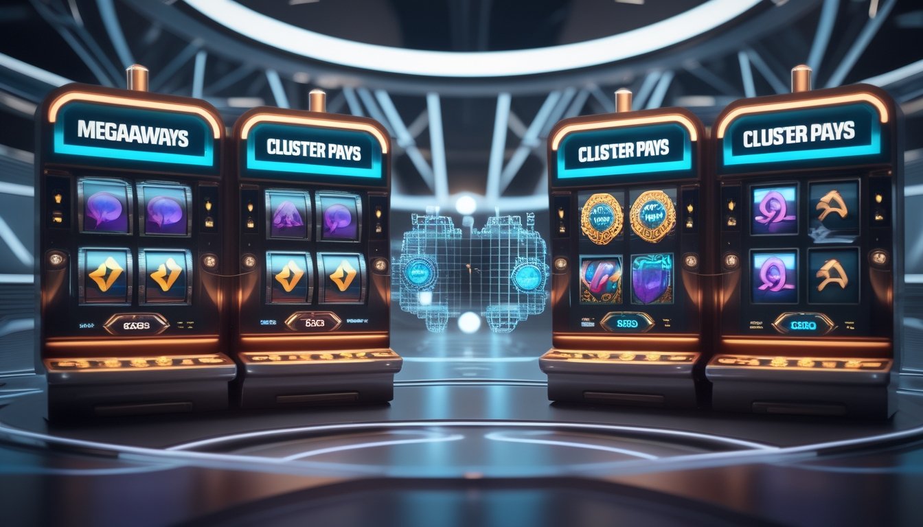 Dua mesin slot modern berdampingan di kasino futuristik, satu menunjukkan mekanik Megaways dengan banyak paylines, dan satu lagi mekanik Cluster Pays dengan simbol berkelompok.