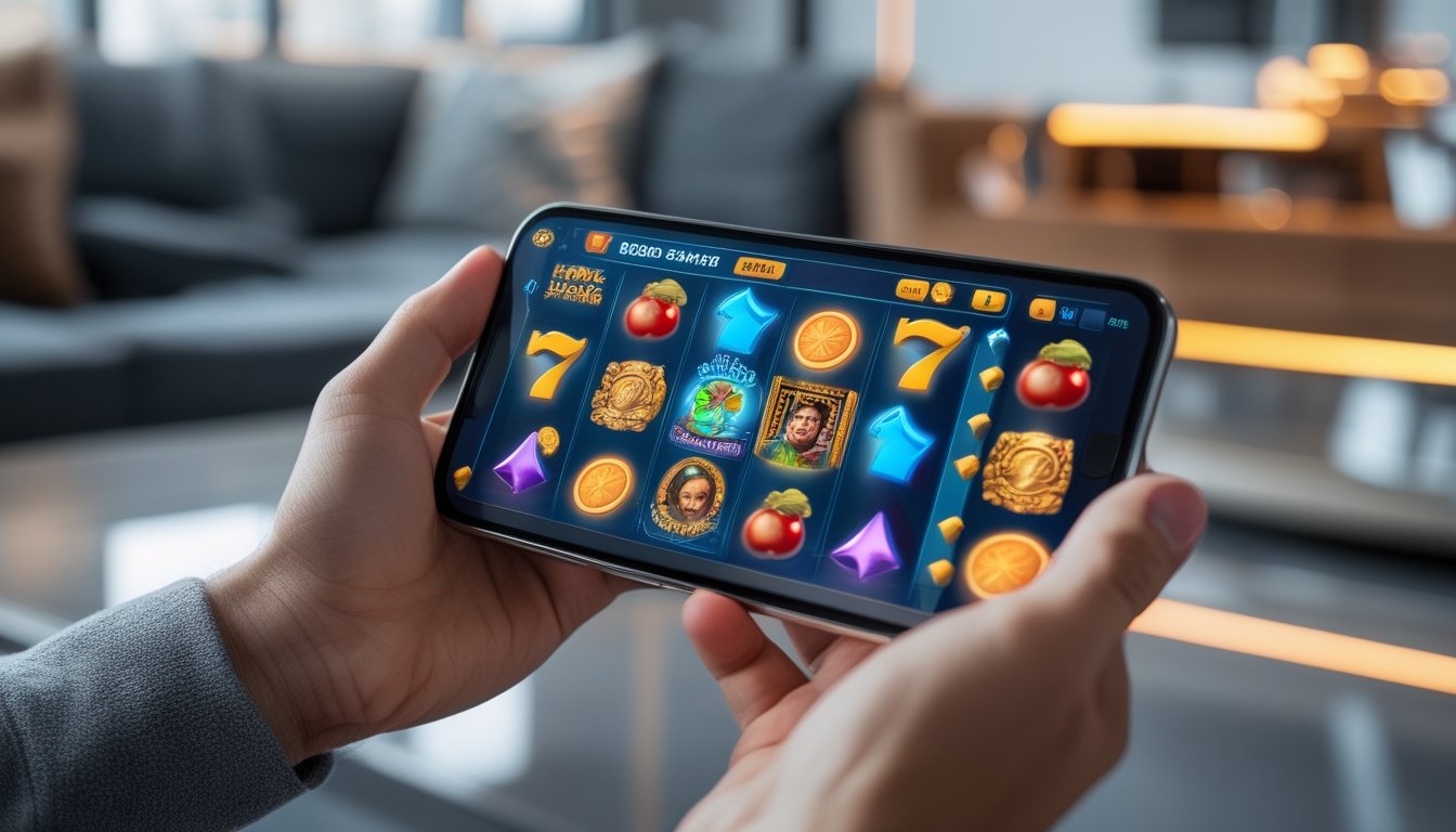 Seseorang memegang smartphone yang menampilkan permainan slot online dengan latar dalam ruangan yang modern dan terang.