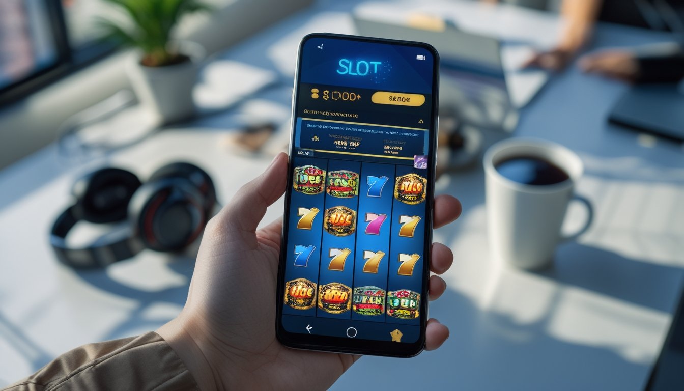Seseorang memegang smartphone dengan tampilan permainan slot online yang sedang berjalan di layar, di latar belakang meja kerja dengan laptop dan cangkir kopi.