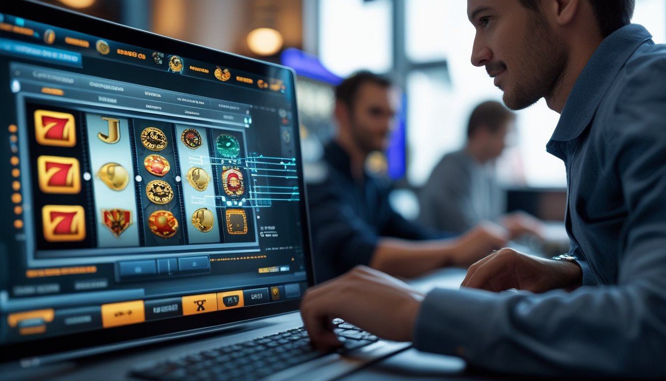 Seorang pemain fokus menggunakan perangkat digital dengan tampilan permainan slot online dan simbol teknologi yang menunjukkan keadilan dan keamanan.