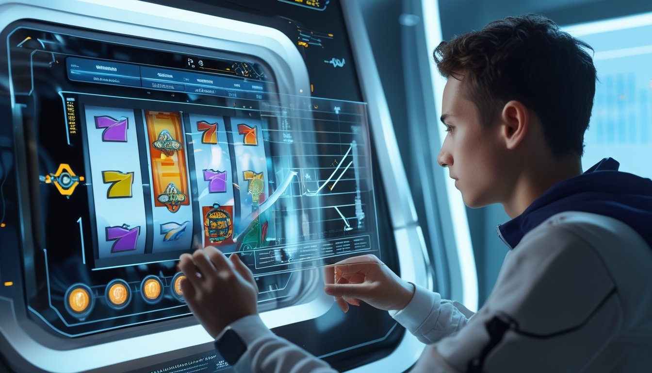 Seorang pemain muda berinteraksi dengan antarmuka digital yang menampilkan gulungan slot dan simbol kriptografi dalam lingkungan teknologi modern.