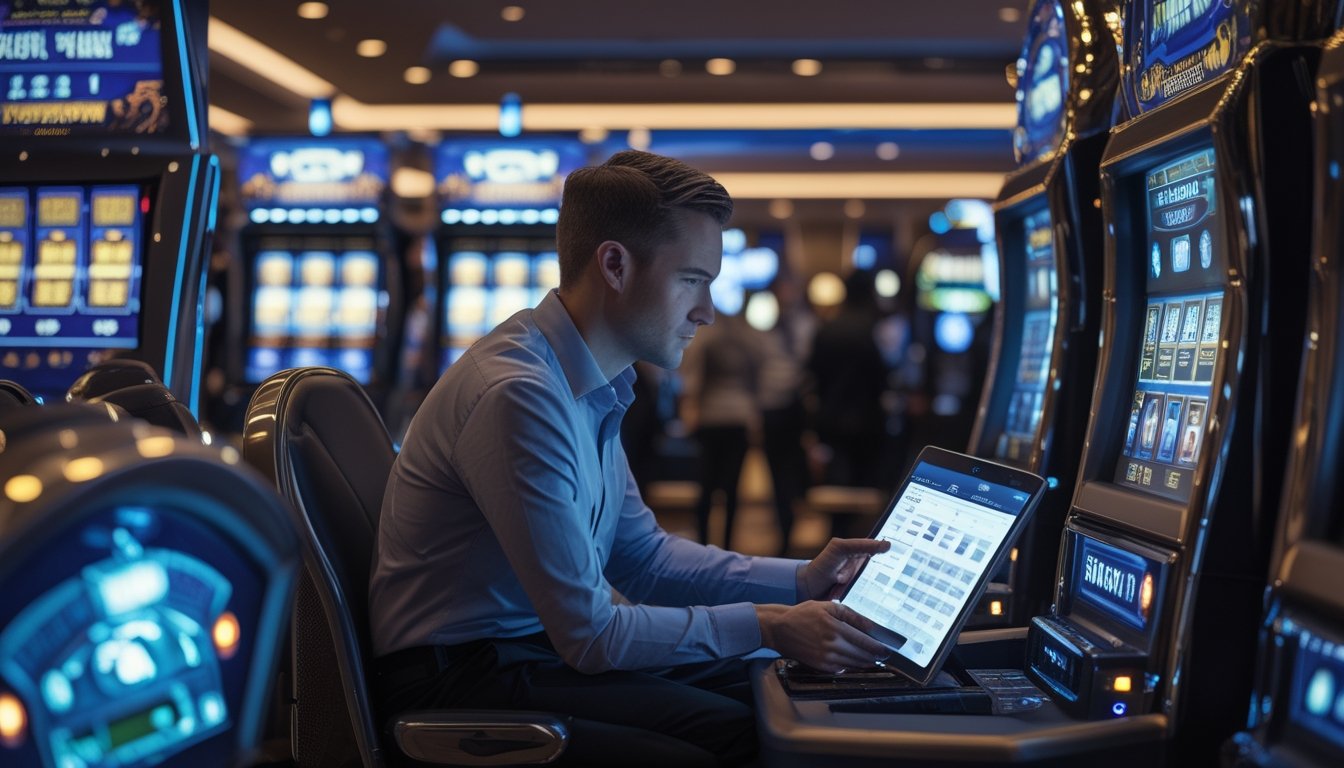 Seorang pemain di kasino modern sedang duduk di depan mesin slot progresif sambil melihat tablet untuk mengelola strategi bankroll.